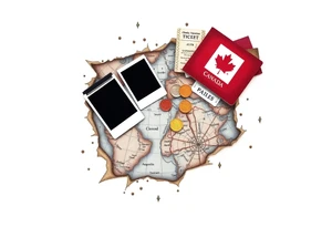 Navigator map with torn/burnt edges, with polaroids, coins, open Canadian passport, and show tickets tattoo idea