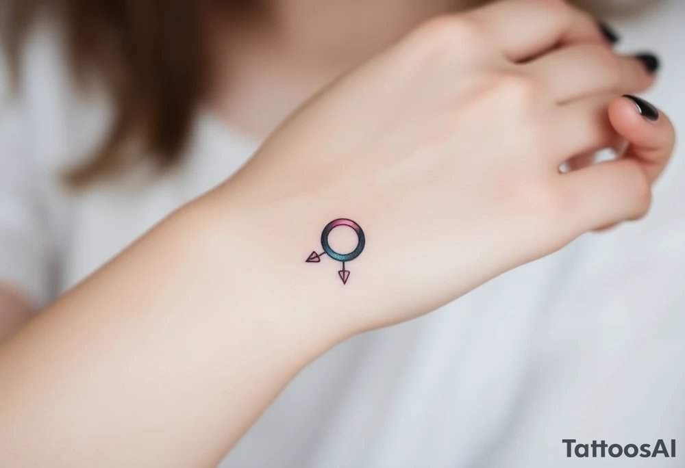 Design a very small (max 2x2 cm) tattoo for the inner wrist that subtly symbolizes lesbian identity. It should be minimal and delicate — possibly fine line or soft color. The design must be discreet yet meaningful, not instantly recognizable as LGBTQ but with layered symbolism. Think of subtle elements like intertwined female symbols, abstract sapphic references, or a hidden double meaning through nature (e.g. flowers, moons, triangles). Avoid clichés or bold pride imagery. Keep it elegant, wearable, and intimate tattoo idea