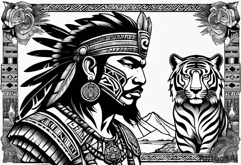 Aztec warrior full body with aztec symbols in the back ground and a tiger pelt on the warriors head tattoo idea
