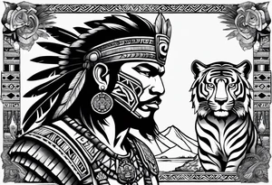 Aztec warrior full body with aztec symbols in the back ground and a tiger pelt on the warriors head tattoo idea