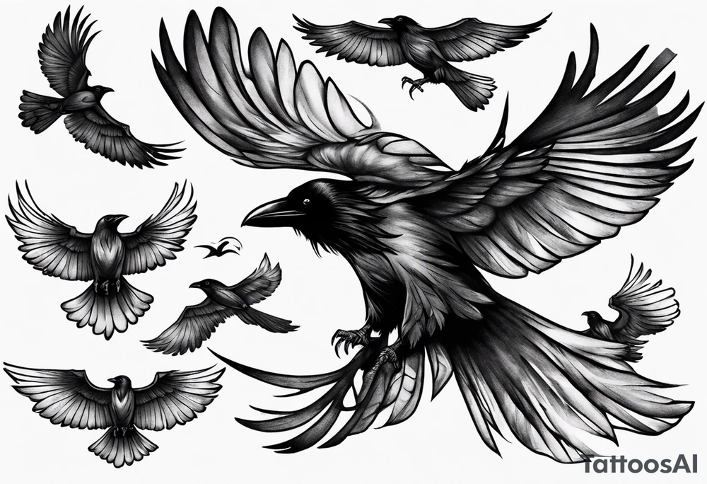 raven flying toward foreground tattoo idea