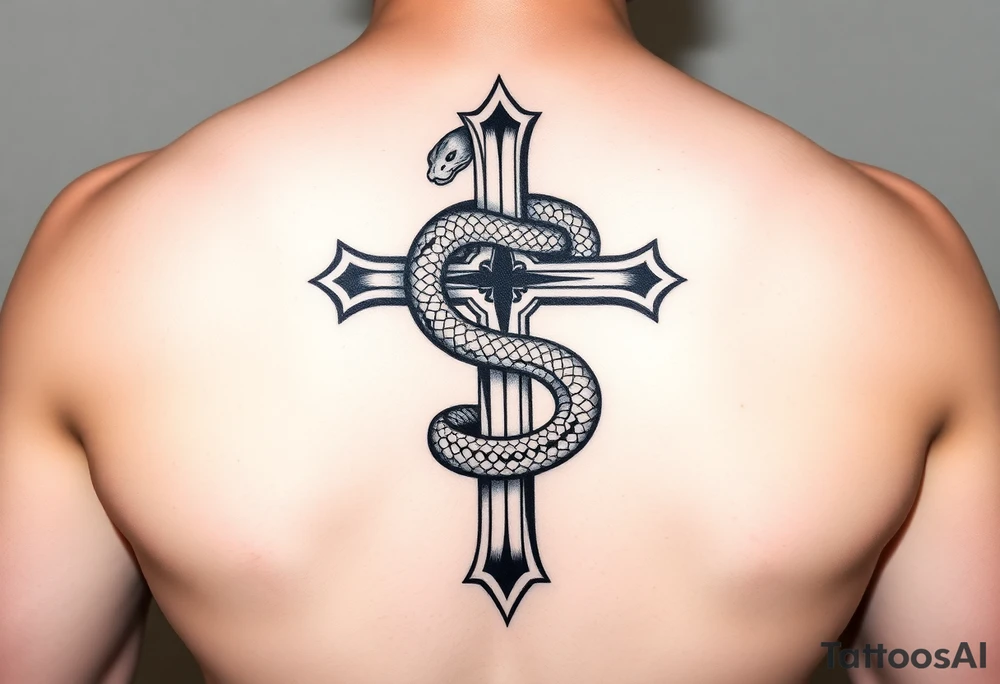 black and white drawing of a cross and a snake wrapped around it, leviathan cross, striking graphic illustration featuring a black cross engulfed by a snake, which forms an infinity loop. The snake is depicted with intricate scales and a menacing expression, coiling tightly around the vertical shaft of the cross. The overall composition is bold and simplistic tattoo idea