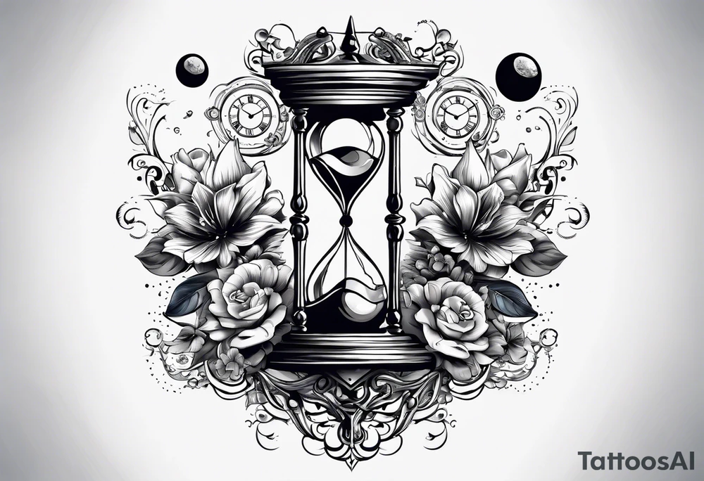 Mix an hourglass with a nautical clock with the addition of planets, galaxies and flower spikes to give a design to print on a t-shirt, the design should be in one color in the form of a tattoo and all the shapes should be mixed to give one shape tattoo idea