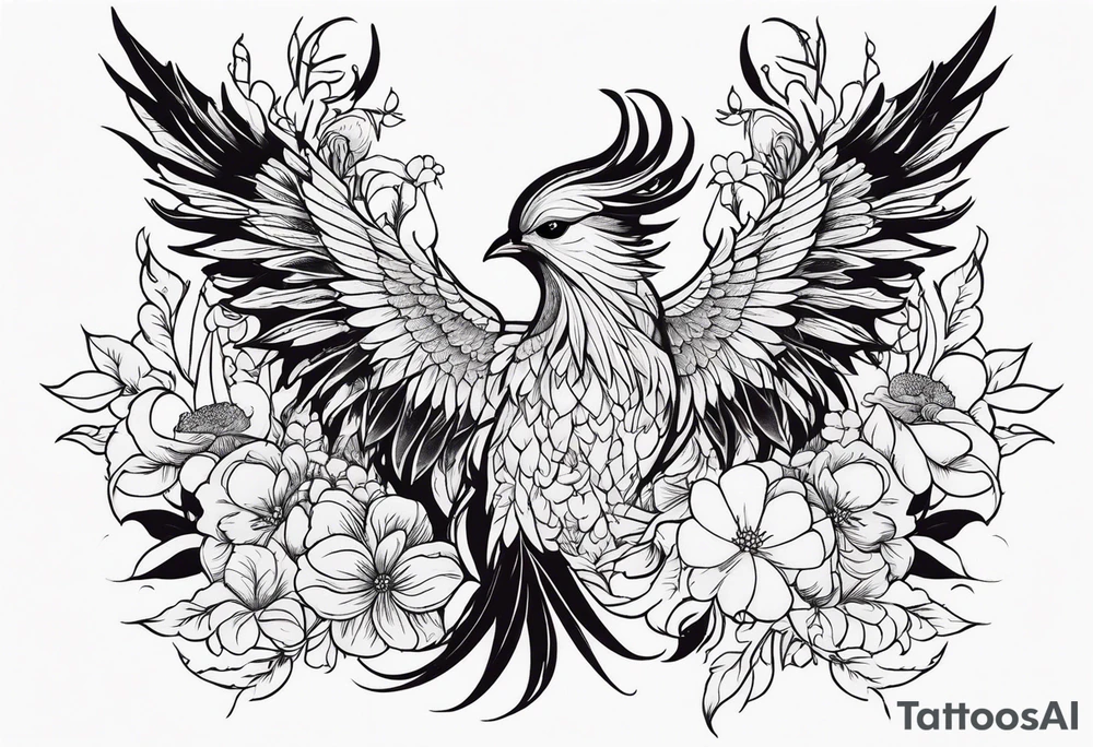 Phoenix with flowers but feminine not too realistic tattoo idea