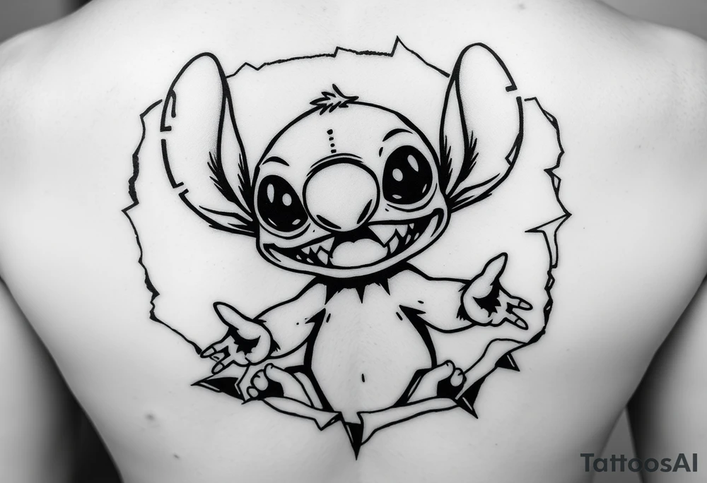 Black and white tattoo stencil design of Stitch reimagined in a creepy stitched doll style, inspired by gothic ragdoll aesthetics. Stitch has exaggerated eyes, stitched mouth, uneven seams, slightly hunched posture, and sharp teeth. His expression is mischievous but eerie.
The design is framed inside a torn skin effect, with ripped flesh edges surrounding the character. The torn edges are jagged, organic, and flowing outward like ripped paper or claw marks. Skin tears reveal Stitch underneath as if breaking through the body.. tattoo idea