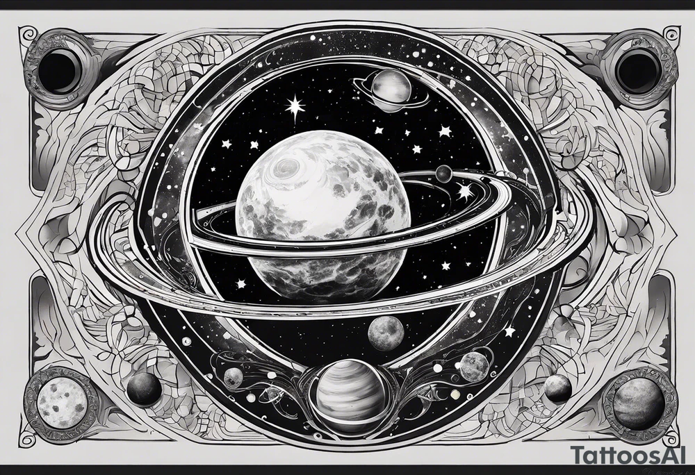 A tattoo featuring a cosmic scene with planets, black holes, and supernovae intertwined with intricate linguistic symbols, reflecting the client's interests in cosmology and linguistics. tattoo idea
