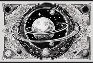 A tattoo featuring a cosmic scene with planets, black holes, and supernovae intertwined with intricate linguistic symbols, reflecting the client's interests in cosmology and linguistics. tattoo idea