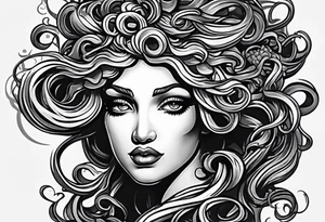 Medusa head with a mysterious expression, capturing both her allure and danger. Blend dream-like qualities with the striking figure of Medusa. tattoo idea