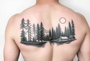 Black and white tattoo on the bottom half of the arm.  Tall trees in the woods surrounded by a lake.  With a cabin to the right front.  And a moon reflecting off the lake. tattoo idea