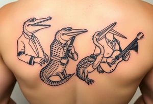 jazz musicians that are alligators and pelicans tattoo idea