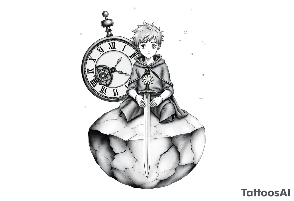 A reimagined masculine version of The Little Prince sitting on a cracked, floating planet. He has a calm, contemplative expression, wearing a slightly worn cloak with geometric markings. Behind him floats a broken clock with exposed gears, representing anxiety and overthinking. Instead of a rose, a flower wraps around a sword stuck into the ground—symbolizing love and emotional struggle. A glowing star burns in his chest, symbolizing inner strength and controlled passion. Around him are small floating fragments, like puzzle pieces or mechanical parts—representing deep thought and attention to detail. The sky shows incomplete constellations, symbolizing the search for connection and meaning. Style: fine line with surrealist touches, black and grey, minimalist shading. tattoo idea