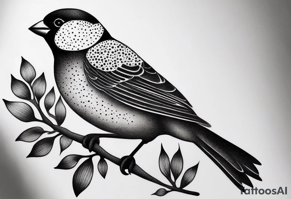 “Generate a simple tattoo design of a finch, showcasing its distinctive shape and a few delicate leaves to enhance the composition.” tattoo idea