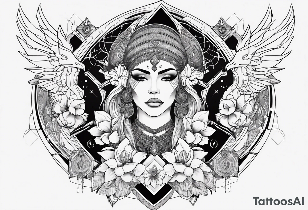 kali ma, alien goddess, valkrye, aries, pirate, divine feminine, zenza resonance, pachamama, lotus azul, blank panther, eagle, skull, 5D, nueva gaya, dna 12, left side chest tatoo tattoo idea