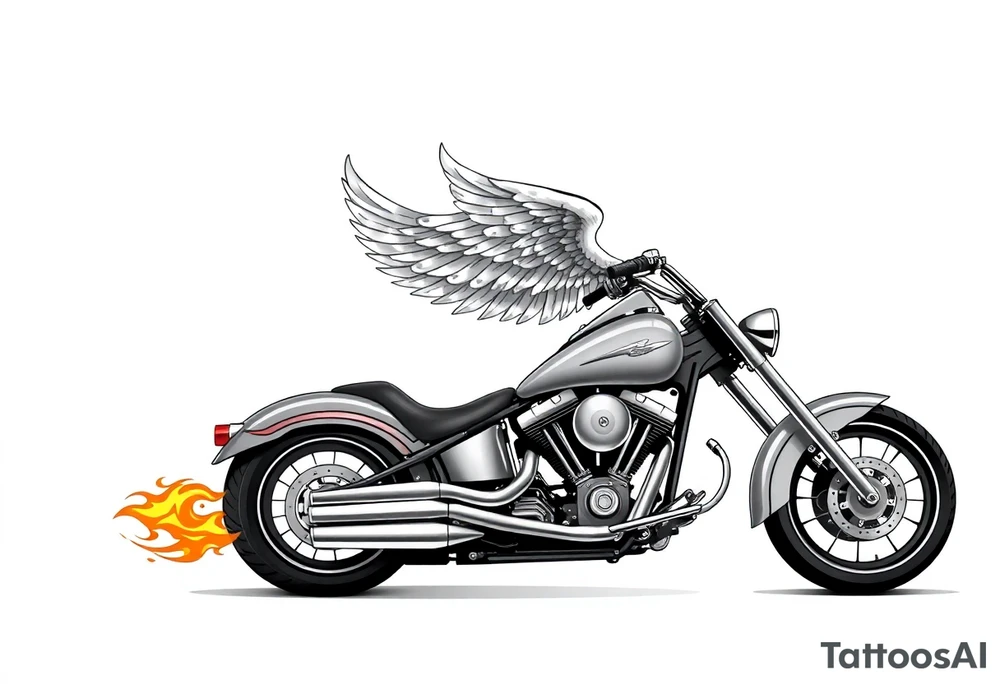 Low rider grey motorcycle, big muffler pipes with flames, angel wings, driving away, no person tattoo idea