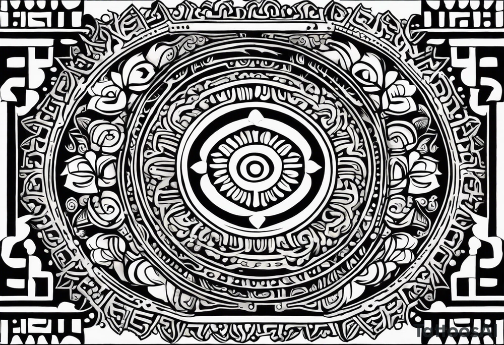 Create a masculine mayan tattoo design carved in stone featuring three flower buds of Gypsophila spp. The design should incorporate sharp, geometric patterns inspired by ancient Mayan glyphs and carvings, emphasizing strength and symmetry. The flower buds should be stylized with angular, bold lines, set within intricate, sacred Mayan motifs. The overall design should evoke harmony and balance, symbolizing the calming frequency of 432 Hz through symmetrical and flowing element tattoo idea