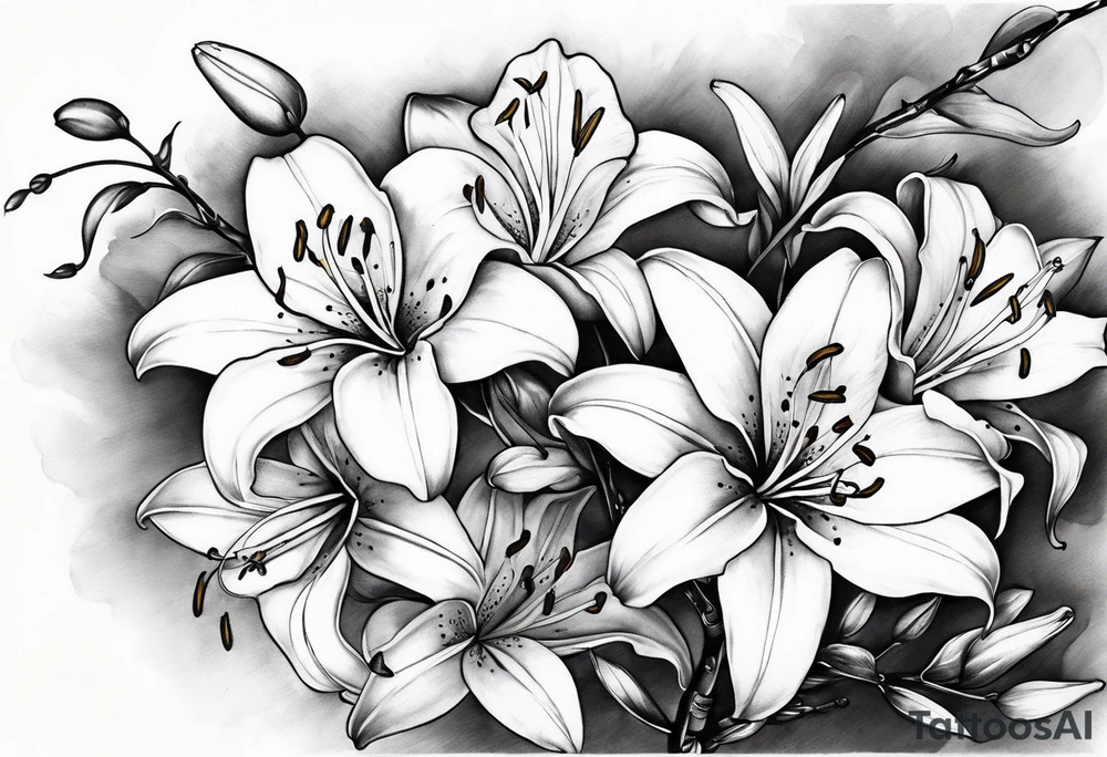 5 lilies and cherry blossom branch tattoo idea