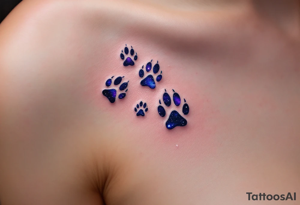 Galaxy Paw Prints – Small paw shapes filled with swirling purple, indigo, and midnight blue, with tiny white stars, resembling a galaxy trapped in each step. tattoo idea