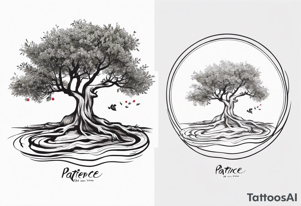 And olive tree with exposed roots, writing out “patience” in Korean, next to a tree stump with exposed rings, and a small Poppy flower growing out of the ground tattoo idea
