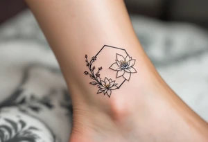 Leo sign, larkspur and water lily surrounded by a hexagon tattoo idea