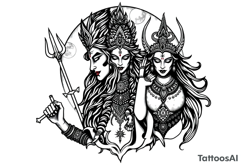 Lord Shiva, Godess Kali, Godess Lilith with the moon phases in the background tattoo idea