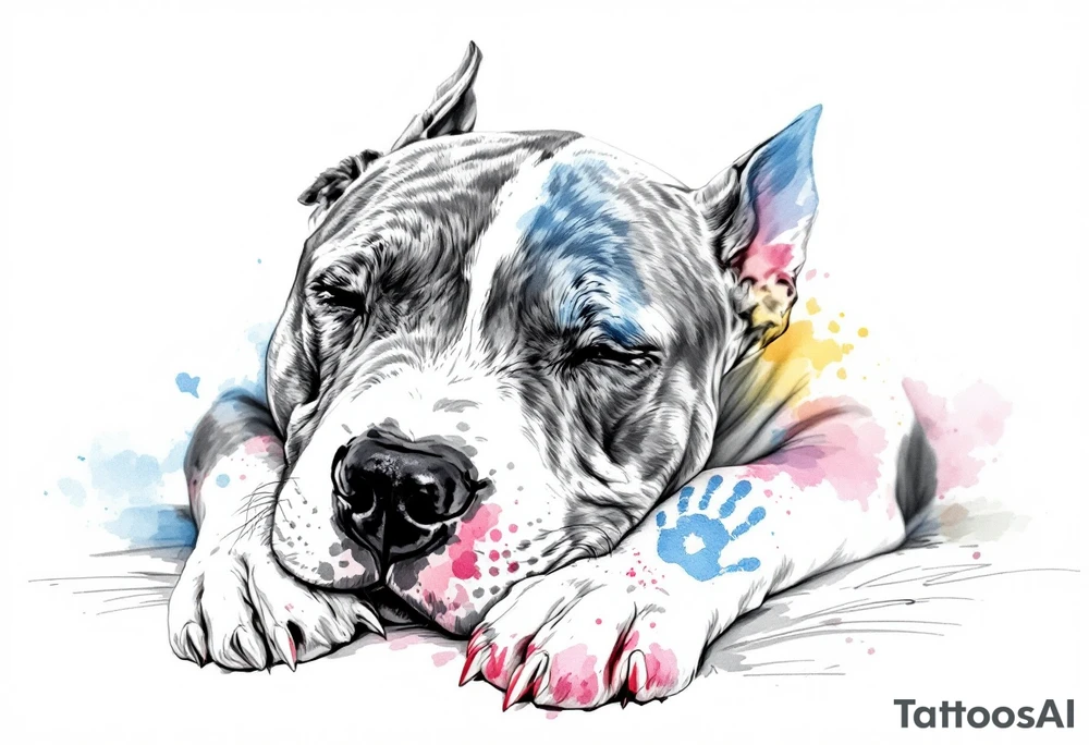 Staffbull with Child's Handprint
A peaceful Staffbull lying down with a small, colorful child’s handprint on its back or paw. Symbol of family and loyalty, done in grayscale with the handprint in soft watercolor tones (blue, pink, yellow). tattoo idea