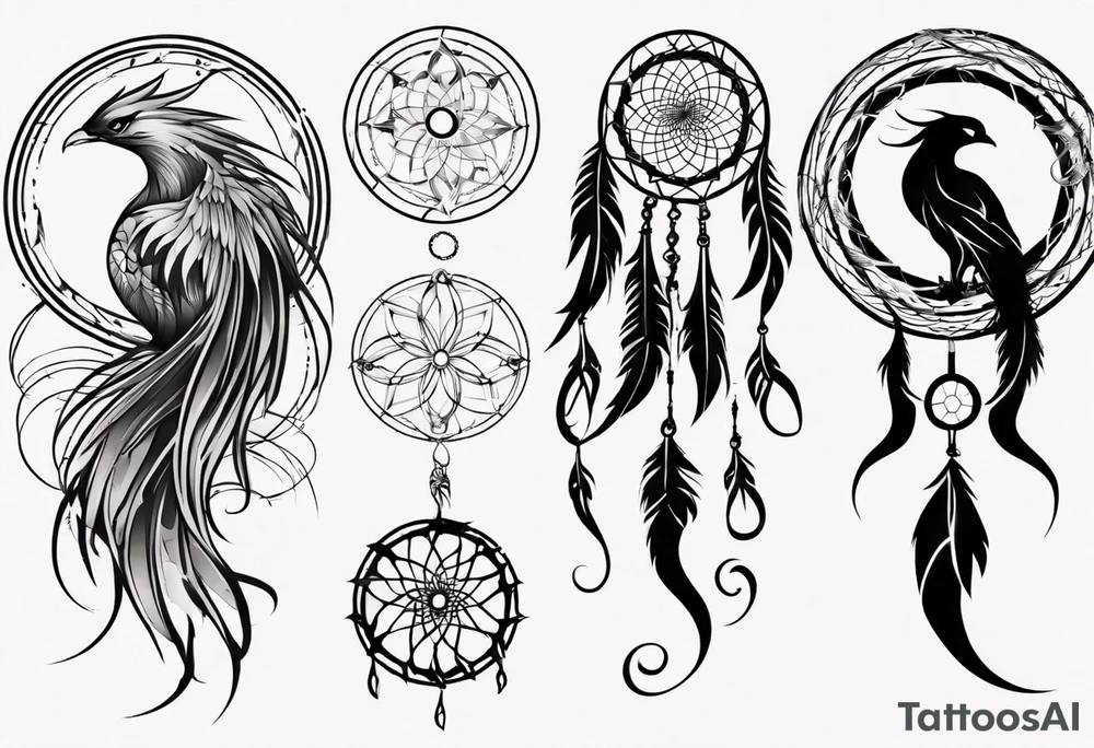 Vertical Phoenix in circles with abstract dream catcher tail tattoo idea