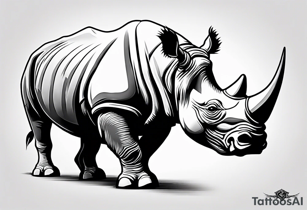 A front-facing rhino head with a sharp elongated tusk that appears angry and fierce. Ears pointed straight up and forward a bit. tattoo idea