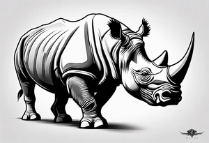 A front-facing rhino head with a sharp elongated tusk that appears angry and fierce. Ears pointed straight up and forward a bit. tattoo idea
