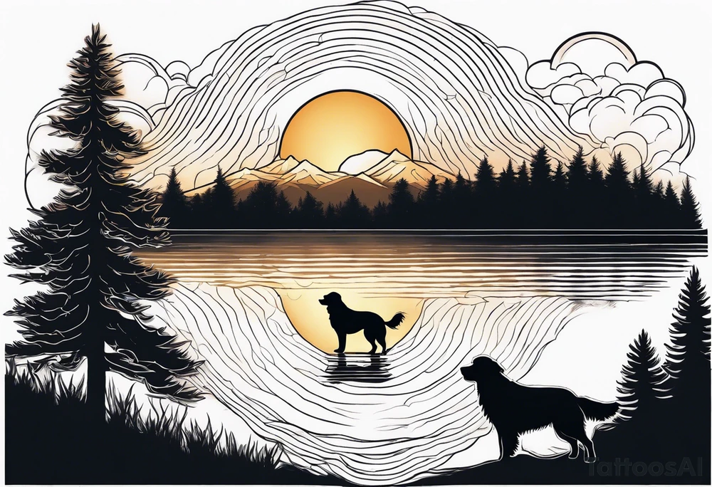 a sunset with two pine trees , a pond and a golden retriever tattoo idea