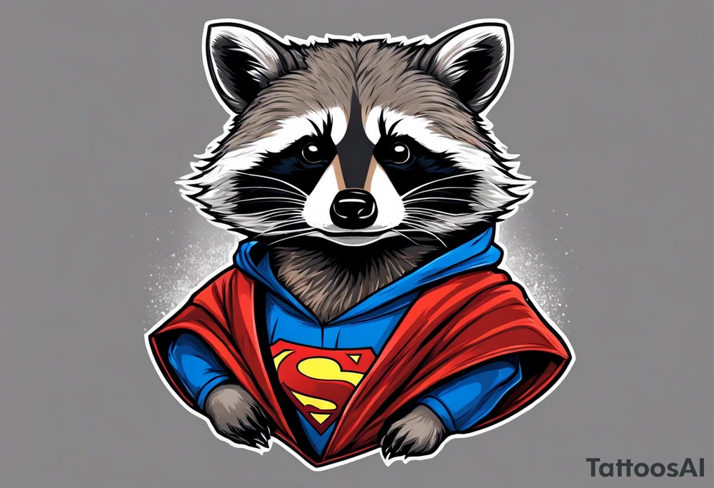 raccoon wearing a Superman hoodie tattoo idea