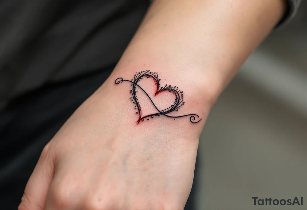 A delicate black infinity symbol merging into a soft red heart, representing eternal love tattoo idea