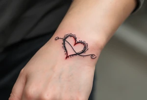 A delicate black infinity symbol merging into a soft red heart, representing eternal love tattoo idea