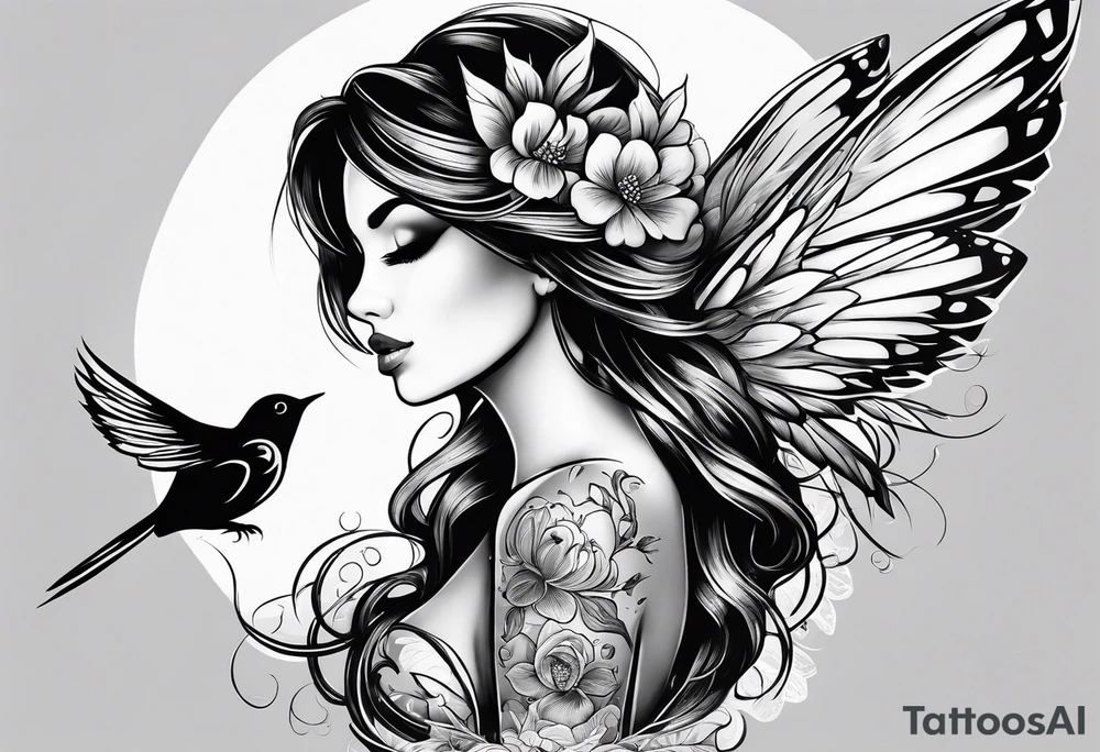 Fairy, bird and pennies tattoo idea