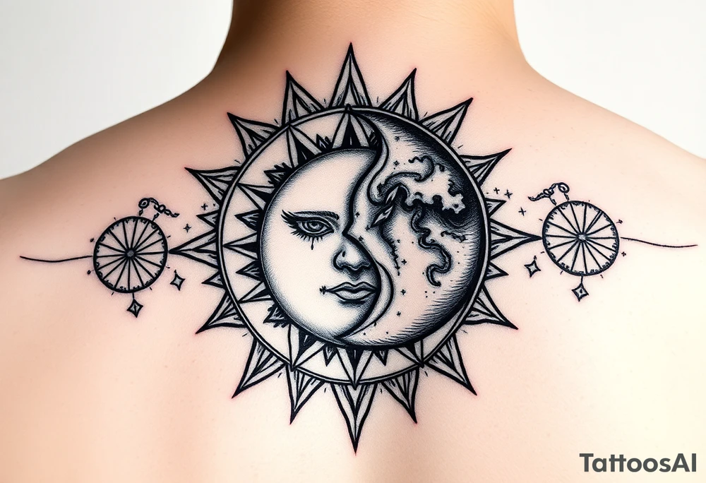 celestial sun and moon embrace with constellation patterns tattoo idea
