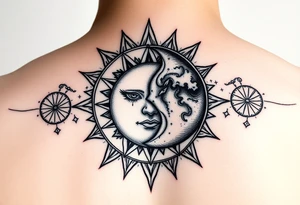 celestial sun and moon embrace with constellation patterns tattoo idea