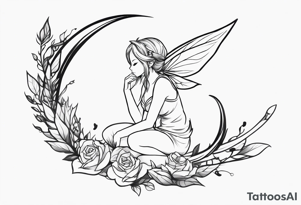No color sketch of a fairy with a tail inspired by the guild symbol in the anime show called Fairy Tail in a fetal position leaning in and forward while crawled in hugging herself floating with hands a bit forward and her body is an angle tattoo idea