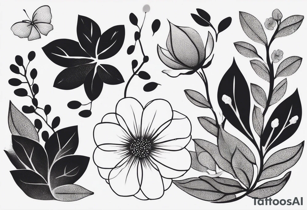 Design a minimalist tattoo featuring a combination of small flowers and leaves, arranged in a graceful, flowing pattern tattoo idea