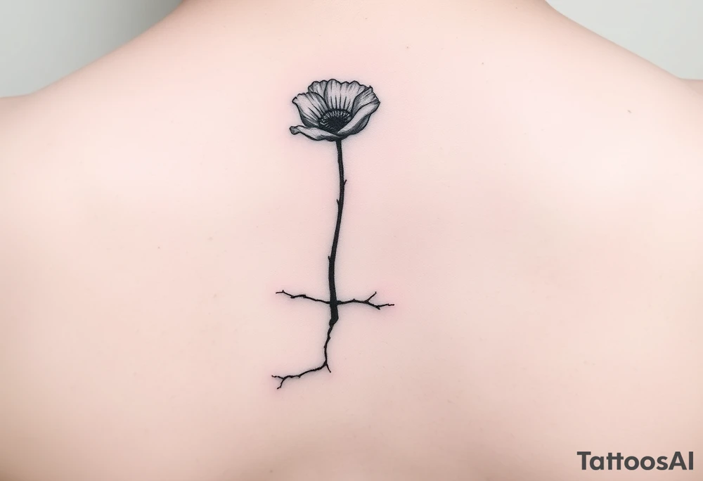 Simple line drawing style poppy growing up from cracks in pavement watercolor coloring on poppy only back of ankle/heel or back of upper arm, more artistic rendering of cracks, very minimal/simplistic design tattoo idea