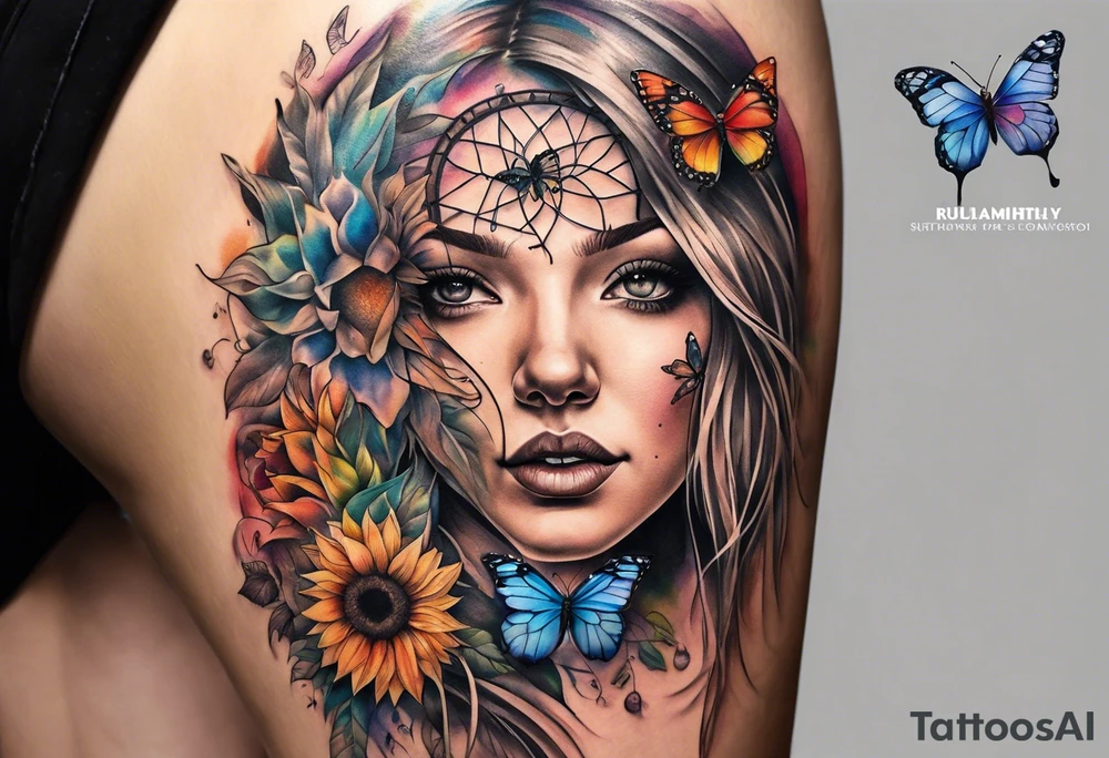 Quarter Leg sleeve with dreamcatcher, rainbow sunflowers and one butterfly tattoo idea