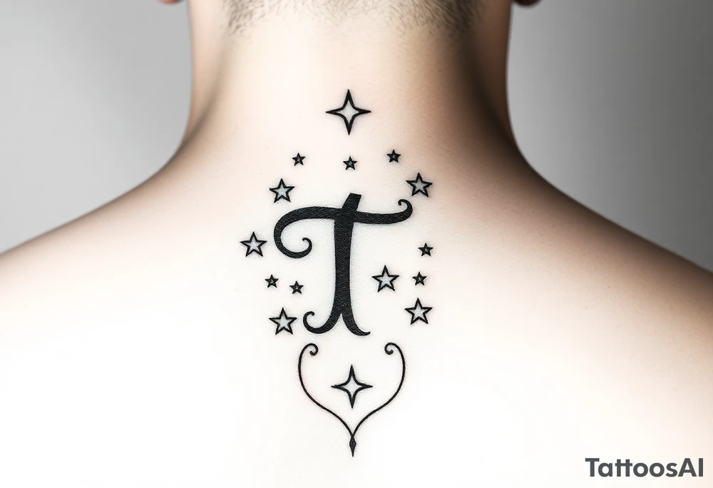 “T” in writing on hand with stars tattoo idea