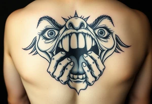 powerful faces with huge eyes and mouth with hands fighting to get out of the mouth tattoo idea