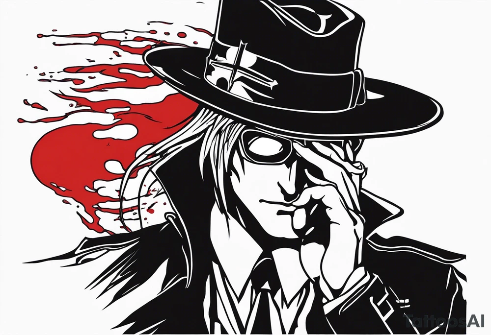 Bloody tears flow from Alucard's one
 eye in Hellsing tattoo model tattoo idea