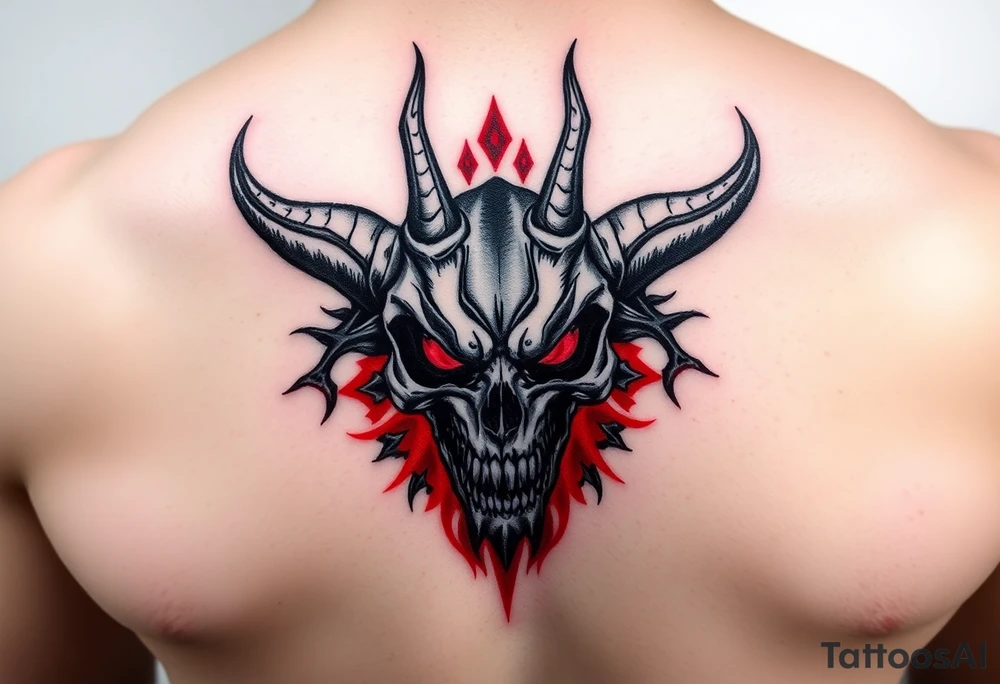 Demon skull black and red on left chest male tattoo idea