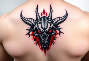 Demon skull black and red on left chest male tattoo idea