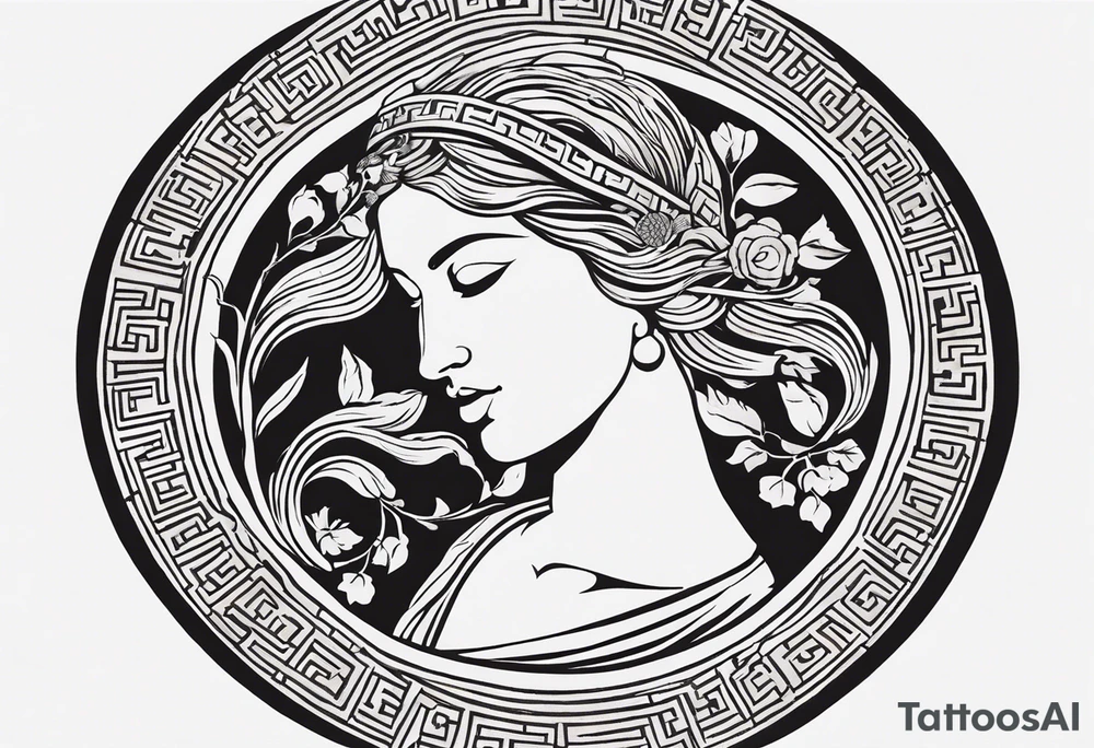 "Craft a minimalist round tattoo inspired by ancient Greek art, featuring Clio, the muse of history. Design a circular composition with Clio depicted in the center, holding a scroll. Surround her with simple yet symbolic elements such as laurel wreaths, scrolls, or geometric patterns reminiscent of ancient Greek pottery. Ensure the design maintains a minimalist style, with clean lines and limited detail, while capturing the essence of Clio's affinity for knowledge and the arts within the circular frame." tattoo idea