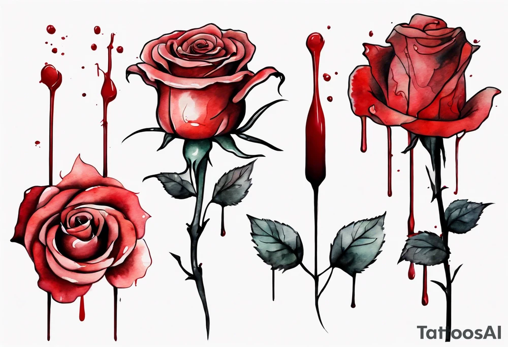 rose flower, one line, red blood dripping from the flower, tall, watercolor, with a t 
placed in the bottom half, simple tattoo idea