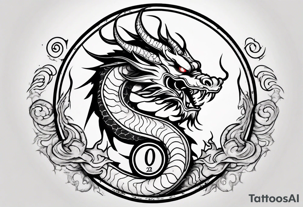 Chinese dragon in a circular shape with "02.03" written on its skin tattoo idea