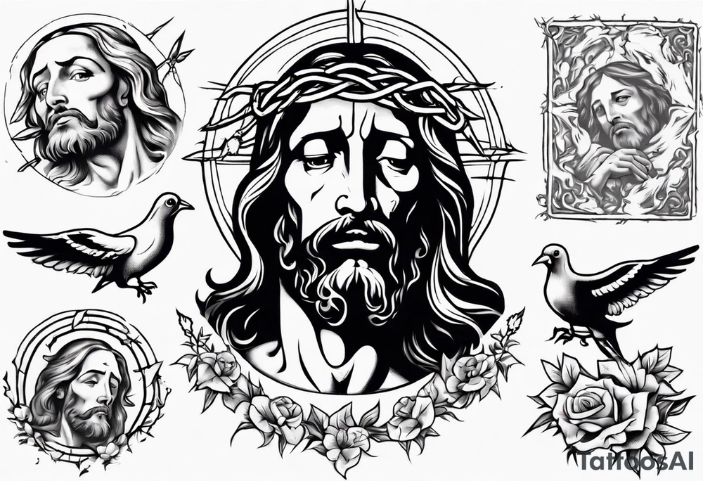Jesus with thorns looking up and crying, doves, lambs, blood tattoo idea