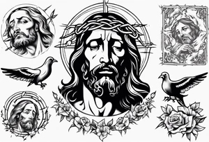 Jesus with thorns looking up and crying, doves, lambs, blood tattoo idea
