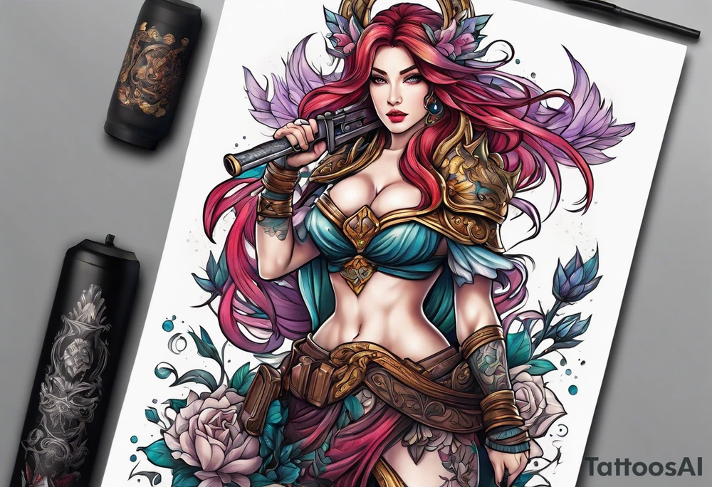 A feminine mythical creature holding a weapon tattoo idea
